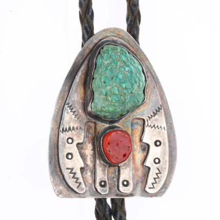 c1960 c-31 Navajo sterling silver, turquoise, coral winged figure bolo tie