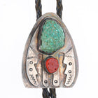 c1960 c-31 Navajo sterling silver, turquoise, coral winged figure bolo tie