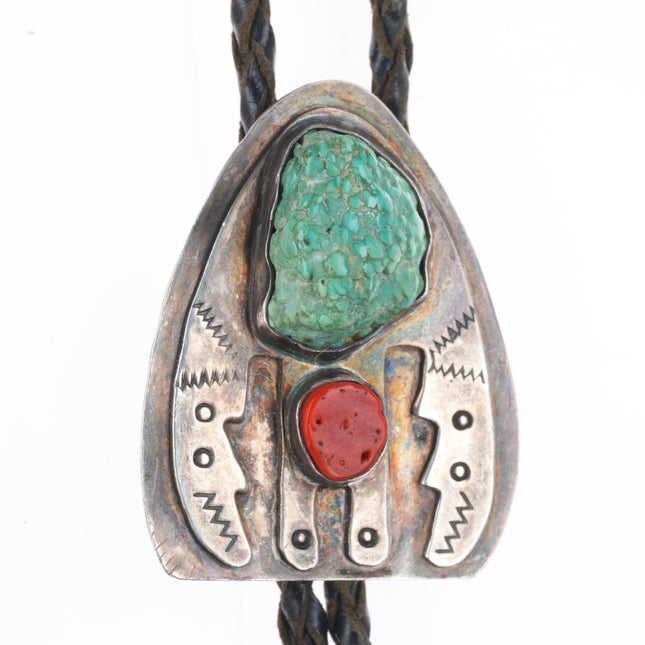 c1960 c-31 Navajo sterling silver, turquoise, coral winged figure bolo tie