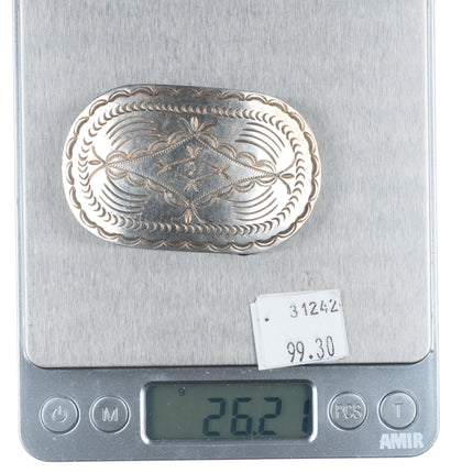 Vintage Navajo DC Thomas hand stamped sterling silver 1.25" belt buckle