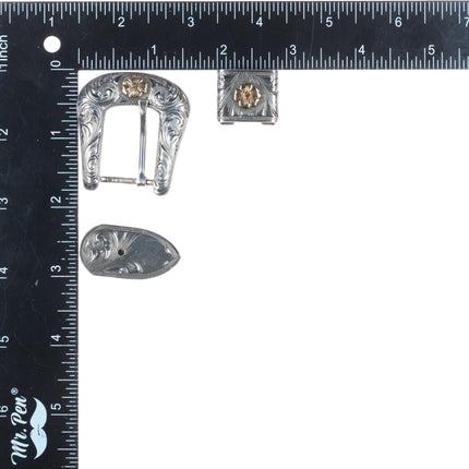 3/4" Clint Orms 14k gold on Sterling silver hand engraved ranger belt buckle set