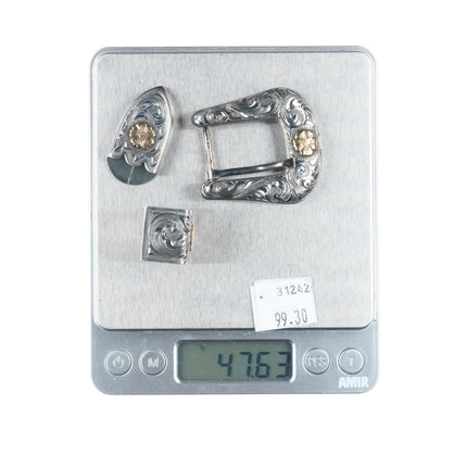 3/4" Clint Orms 14k gold on Sterling silver hand engraved ranger belt buckle set