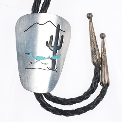 Vintage Navajo sterling silver Saguaro cactus Roadrunner turquoise bolo tie