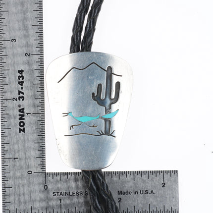 Vintage Navajo sterling silver Saguaro cactus Roadrunner turquoise bolo tie