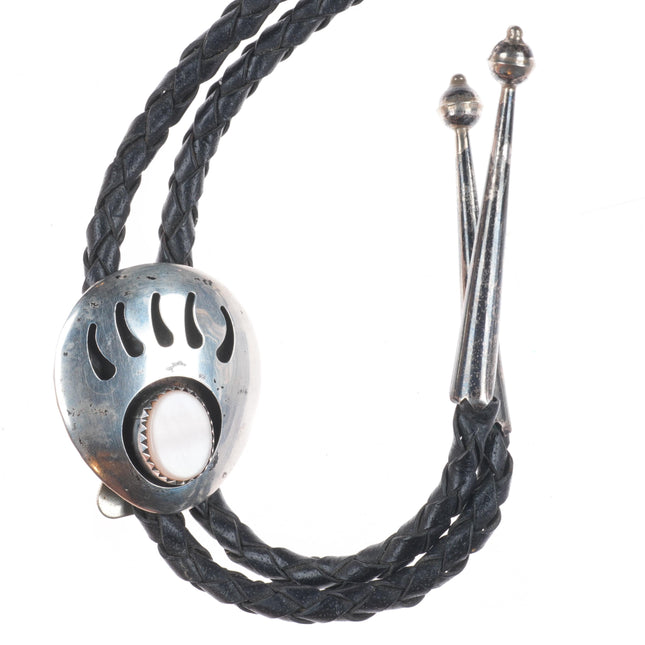 Vintage Navajo sterling silver pink mother of pearl shadowbox paw bolo tie