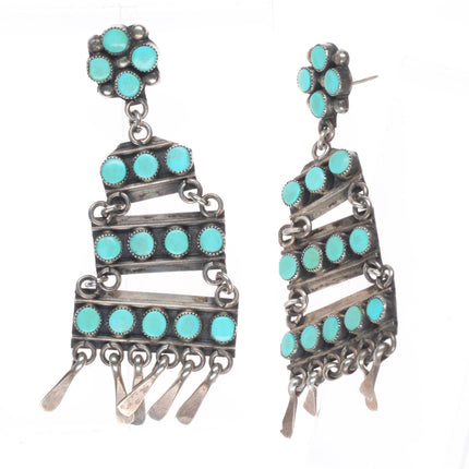 long vintage Zuni sterling silver snake eye turquoise chandelier earrings