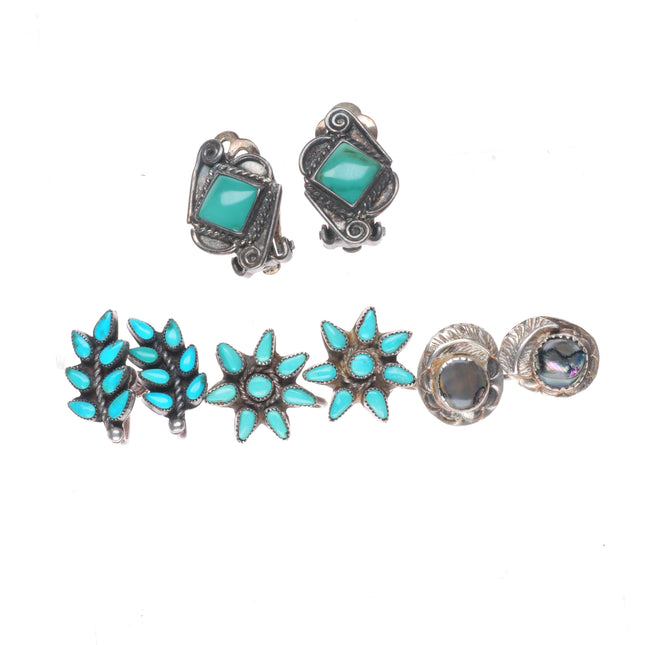 Vintage Zuni petit point turquoise/Navajo sterling silver/shell clip earring lot