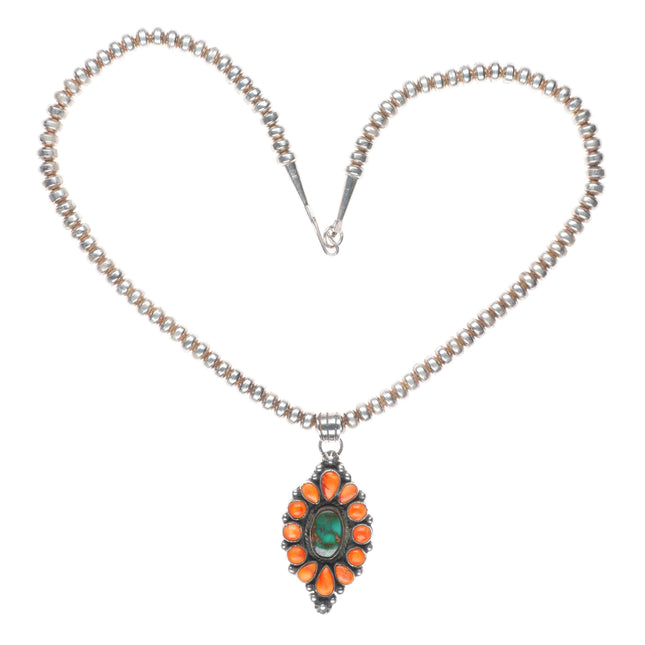 Archie Ganadonegro Navajo sterling silver Royston turquoise spiny oyster pendant