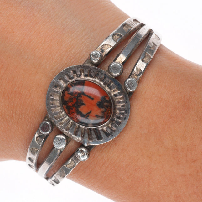 6.1" 1940's Navajo sterling silver petrified wood triple shank cuff bracelet