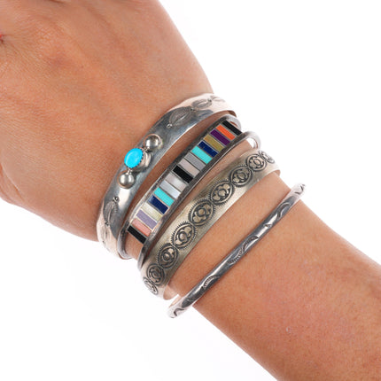 6.2" Vintage Navajo/Zuni sterling silver channel inlay/stamped cuff bracelet lot