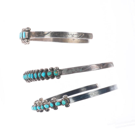 6.2" Zuni sterling silver dot-dot-dash/snake eye/square turquoise cuff bracelets
