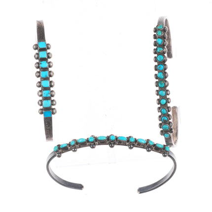 6.2" Zuni sterling silver dot-dot-dash/snake eye/square turquoise cuff bracelets