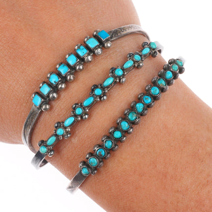 6.2" Zuni sterling silver dot-dot-dash/snake eye/square turquoise cuff bracelets