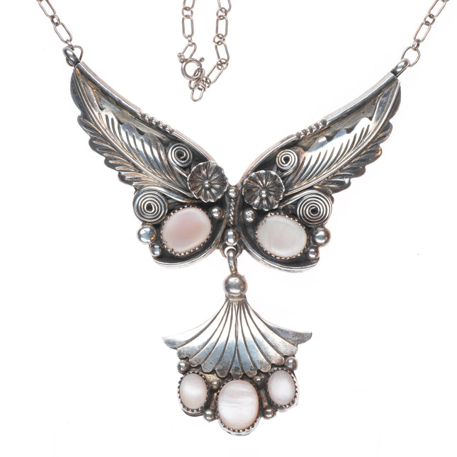 18.5" Vintage H Navajo sterling silver pink mother of pearl butterfly necklace