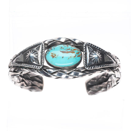 6.5"30's-40's Navajo braided sterling silver stamped turquoise cuff bracelet