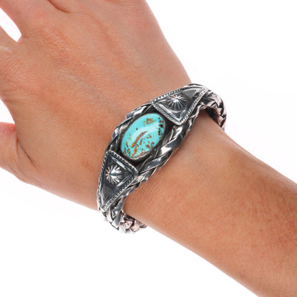 6.5"30's-40's Navajo braided sterling silver stamped turquoise cuff bracelet