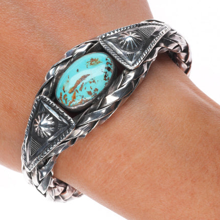 6.5"30's-40's Navajo braided sterling silver stamped turquoise cuff bracelet