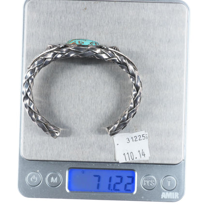 6.5"30's-40's Navajo braided sterling silver stamped turquoise cuff bracelet