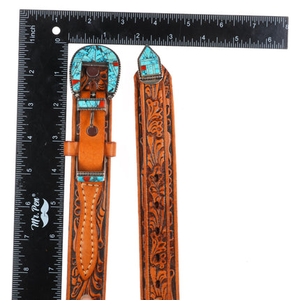 BG Mudd Navajo sterling silver turquoise/coral inlay ranger belt buckle set