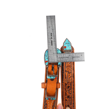 BG Mudd Navajo sterling silver turquoise/coral inlay ranger belt buckle set