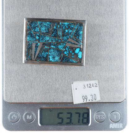 Vintage Navajo Sterling silver spiderweb turquoise channel inlay belt buckle