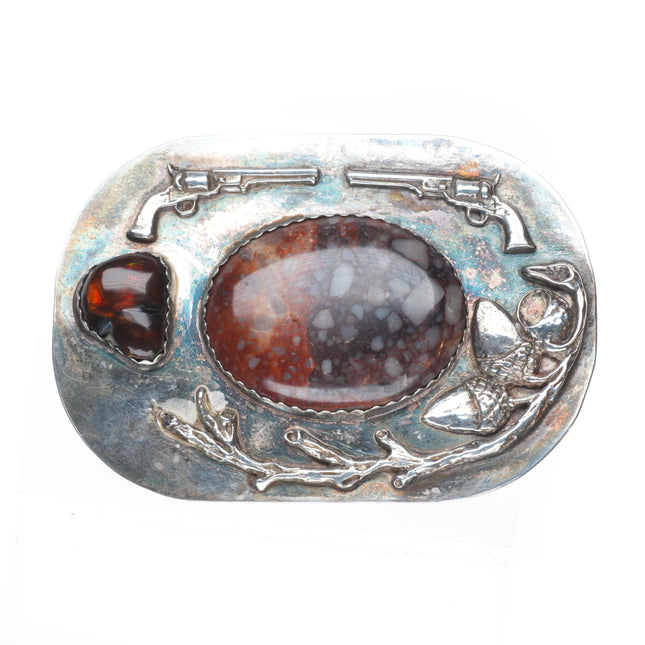 Vintage southwestern sterling silver fire agate/jasper belt buckle Pistols/Acorn