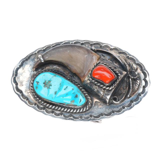 Vintage B Navajo sterling silver turquoise/coral Racoon claw belt buckle