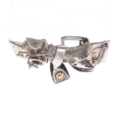 Vintage 10k gold on Sterling silver hand engraved Saddle belt buckle