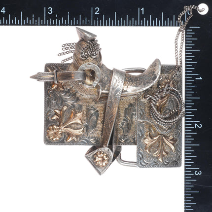Vintage 10k gold on Sterling silver hand engraved Saddle belt buckle