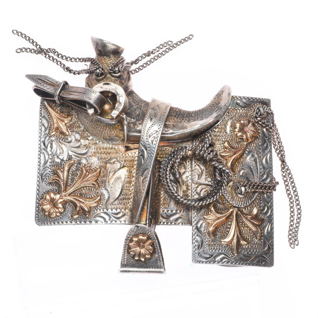 Vintage 10k gold on Sterling silver hand engraved Saddle belt buckle