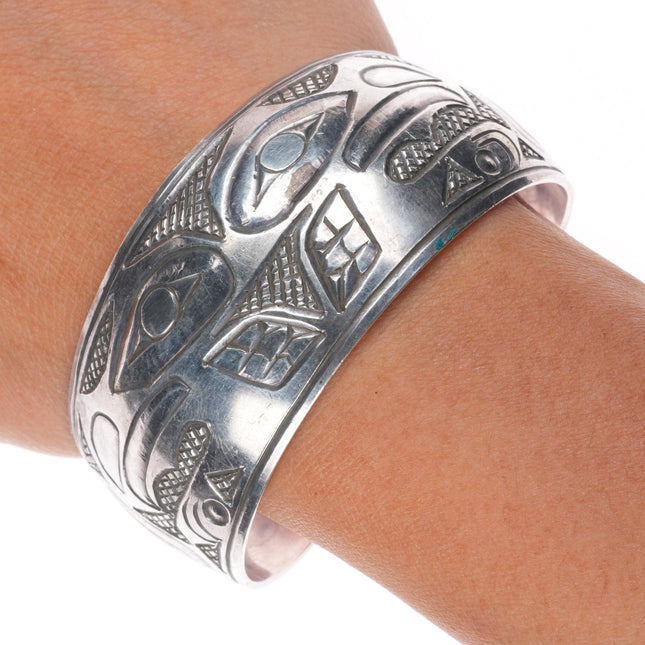 7" Rick Booth Tlingit sterling silver hand carved eagle cuff bracelet