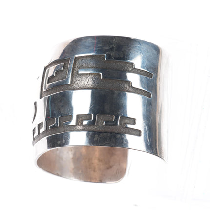 8 1/8" Elthe Navajo vintage sterling silver roadrunner overlay cuff bracelet