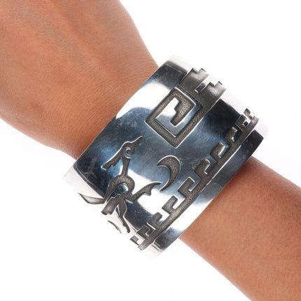 8 1/8" Elthe Navajo vintage sterling silver roadrunner overlay cuff bracelet