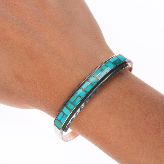 6.5" Vintage Zuni sterling silver channel inlay hand stamped cuff bracelet