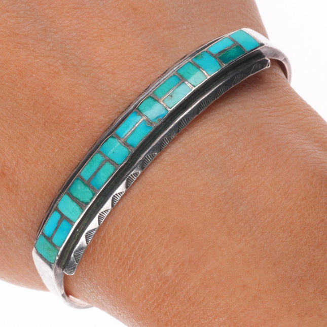 6.5" Vintage Zuni sterling silver channel inlay hand stamped cuff bracelet