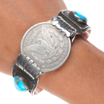 7" Vintage Navajo sterling silver cuff bracelet with turquoise dollar coin