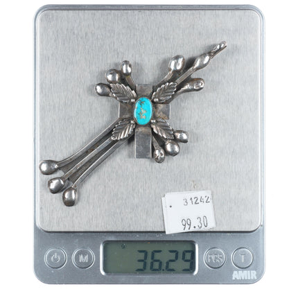 Big Vintage Ornate Southwestern sterling silver cross pendant with turquoise