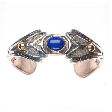 6.5" Jefferson Brown Navajo 14k gold accented sterling silver lapis cuff bracelet