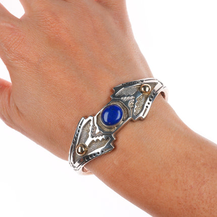 6.5" Jefferson Brown Navajo 14k gold accented sterling silver lapis cuff bracelet