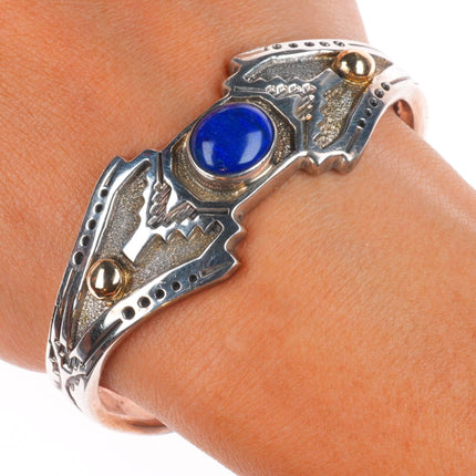 6.5" Jefferson Brown Navajo 14k gold accented sterling silver lapis cuff bracelet