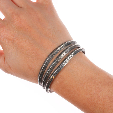 6.4" Vintage Navajo sterling silver 3 band stamped carinated cuff bracelet