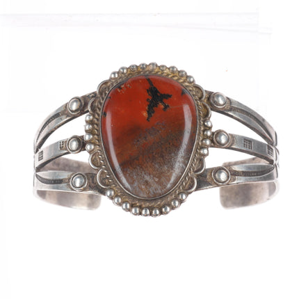 7.1" c1930's Navajo ingot silver petrified wood nicely stamped cuff bracelet