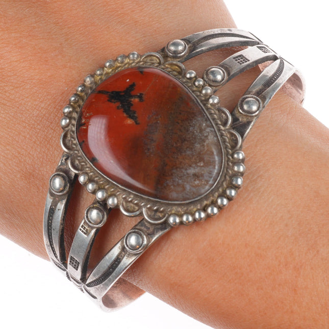 7.1" c1930's Navajo ingot silver petrified wood nicely stamped cuff bracelet