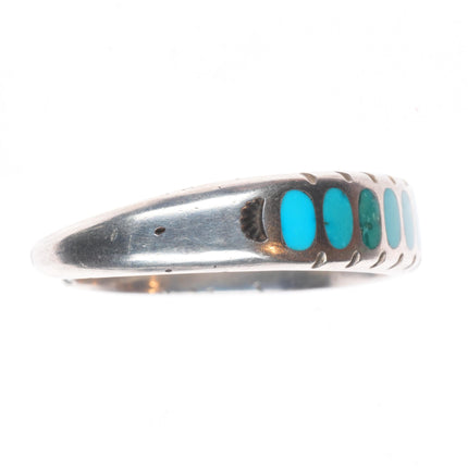 6.25" Vintage Zuni flush inlay turquoise sturdy sterling silver cuff bracelet