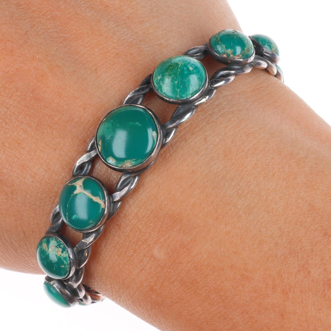 6" Vintage Navajo or Pueblo sterling silver green turquoise row cuff bracelet