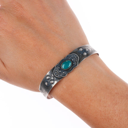 6.5" Vintage Fred Harvey sterling silver turquoise cuff bracelet orig label