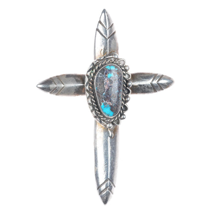 Large tufa cast Bisbee turquoise sterling silver cross pendant