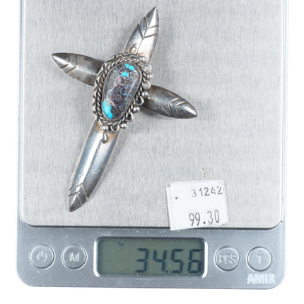 Large tufa cast Bisbee turquoise sterling silver cross pendant