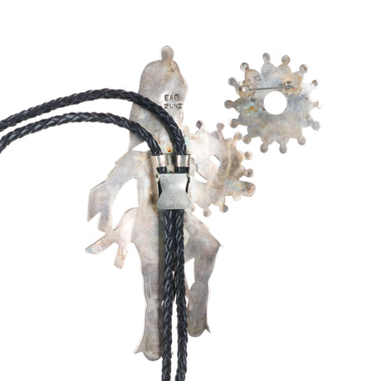 Eddie Beyuka Zuni Hoop dancer, carved turquoise/coral sterling silver bolo tie