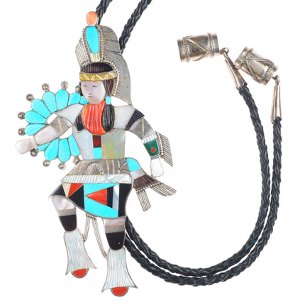 Eddie Beyuka Zuni Hoop dancer, carved turquoise/coral sterling silver bolo tie